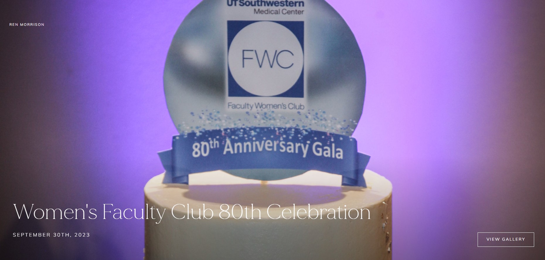 purple background with trophy and text: Women's Faculty Club 80th Celebration