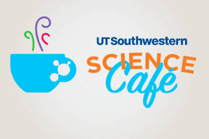 Science Cafe with a blue coffee cup