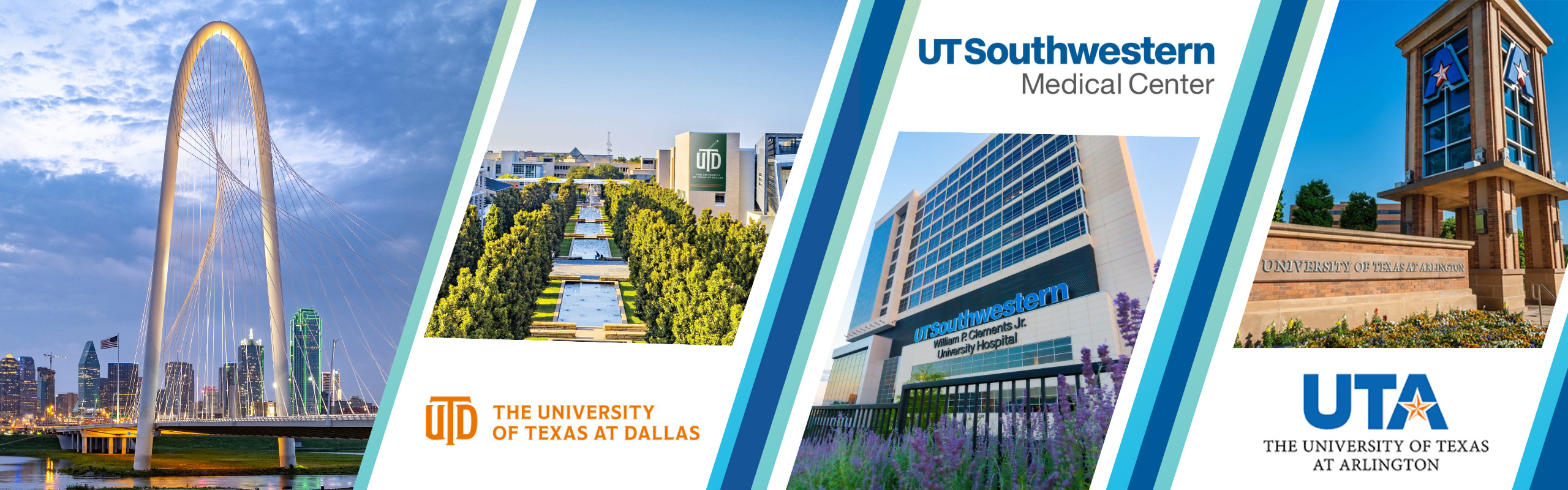 Logos for UT Dallas, UT Southwestern, UT Arlington, alongside building from each campus