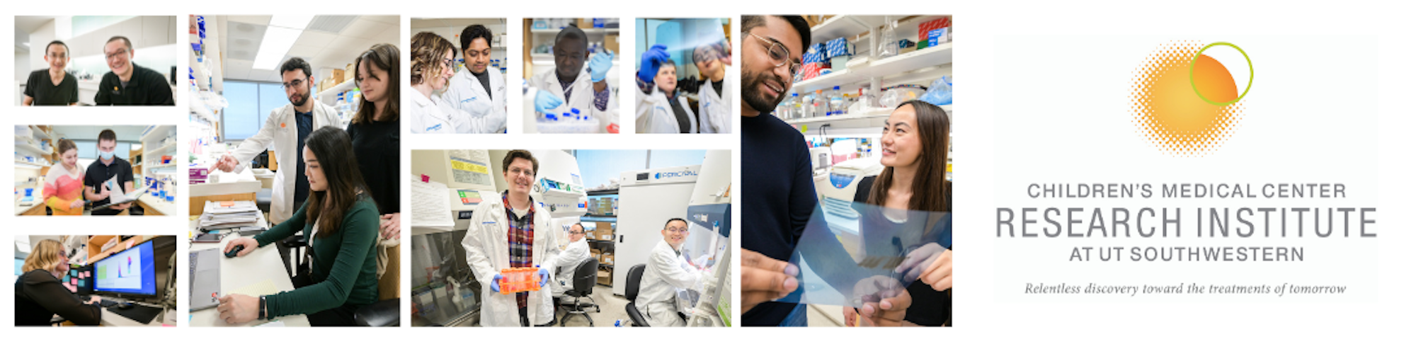 Collage of workers images and logo - Children's Medical Center, Research Institute at UT Southwestern, Relentless discovery toward the treatments of tomorrow.
