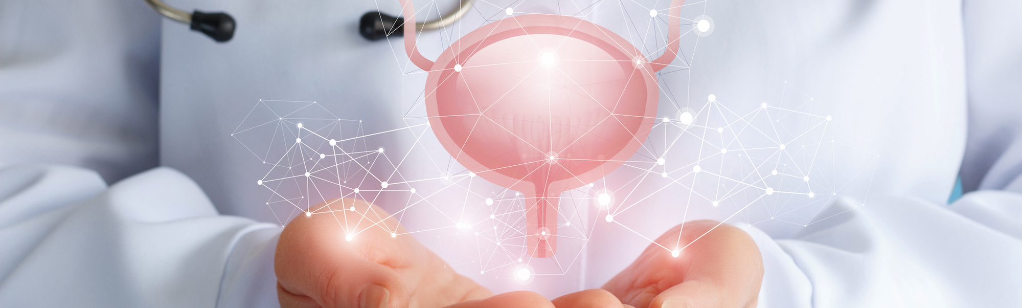 A graphic of a pink bladder floating above two cupped hands