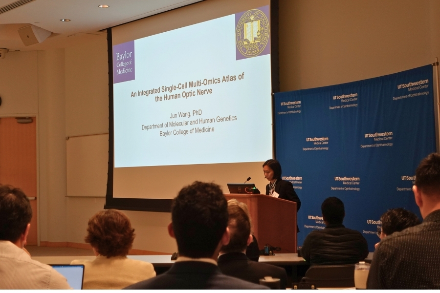 Seated conference attendees watching and listening to a Jun Wang, Ph.D., at the podium next to her displayed title slide An Integrated Single-Cell Multi-Omics Atlas of the Human Optic Nerve