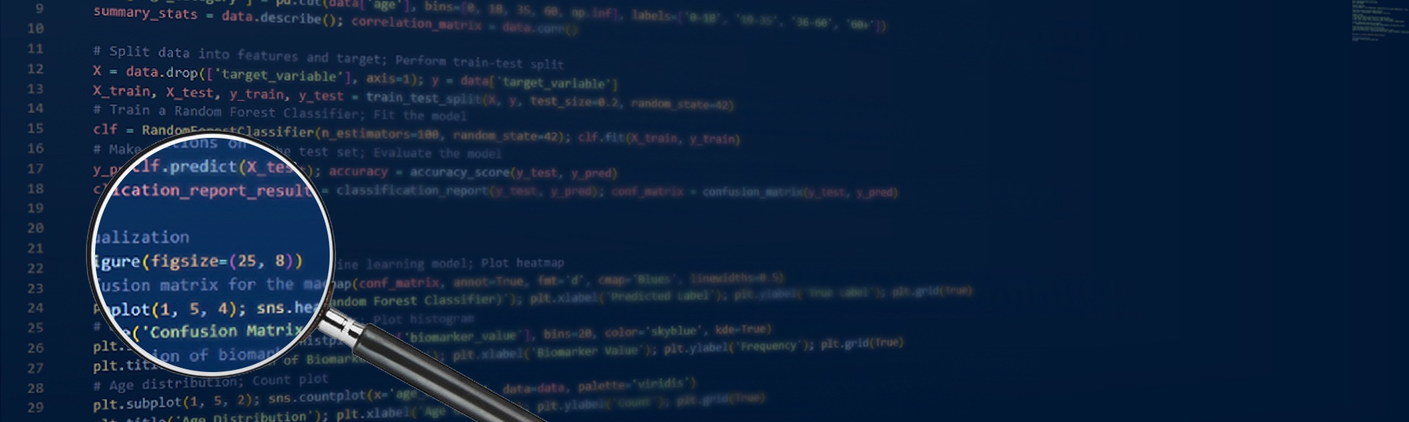 Magnifying glass examining code on computer monitor.