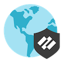 graphic icon of blue globe with black shield covering lower right