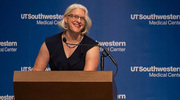 Susan Matulevicius, M.D., M.S.C.S., Associate Dean of Faculty Wellness and Engagement and Professor of Internal Medicine in the Division of Cardiology, accepts the Institutional Service Award. “I really have been inspired by everyone that I get to lead and everyone I get to represent,” Dr. Matulevicius said. “And that’s what I think of every single time I come to a meeting: How can I make this place support you so that you can achieve your full potential and achieve the missions of clinical research and educational excellence here at UT&nbsp;Southwestern?”