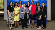 Members of the Office of Student Financial Aid celebrate their Pinnacle Award for Teamwork with a group photo. From left: Elisha Cruz, Latarsha Evans,&nbsp;M.S., Do&rsquo;Nisa Hooks, Melet Leafgreen,&nbsp;M.L.A., FAAC, Lindsay Partridge, Danchees &ldquo;D.&rdquo; Ingram,&nbsp;M.B.A., FAAC, Deanne Pickney,&nbsp;Ph.D., Liz Rubi,&nbsp;CLSSGB, and Cyndi Truong.