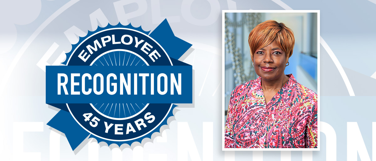 Portrait of Pamela Hewitt and Employee Recognition 45 Years logo