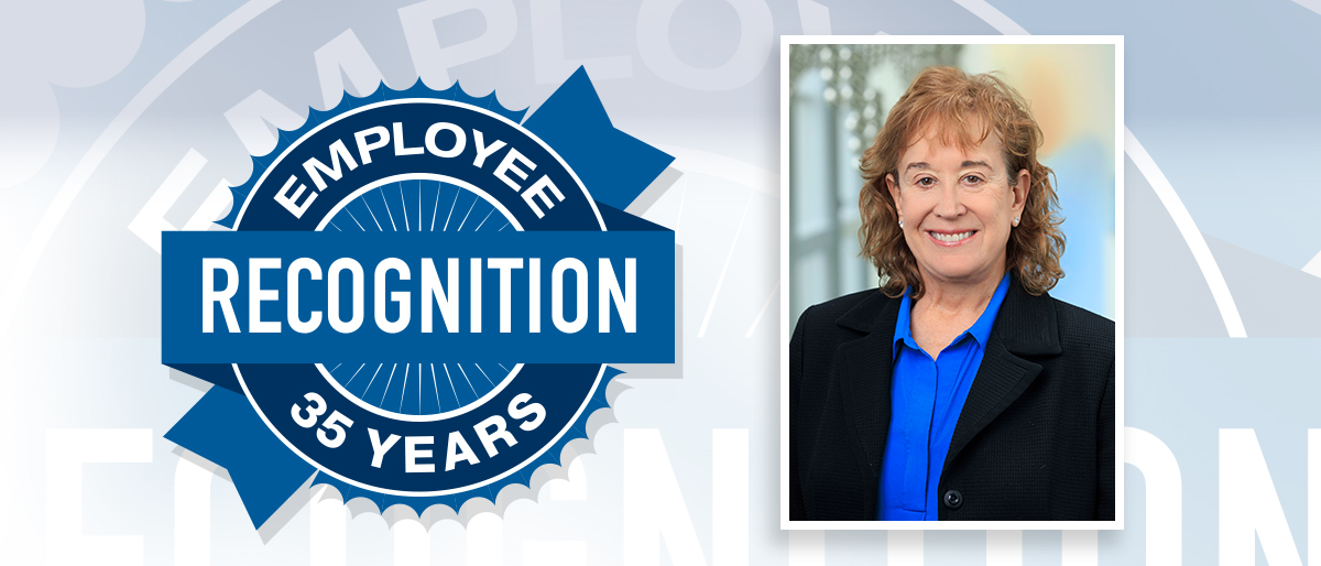Portrait of Karen Kowalske and Employee Recognition 35 Years logo