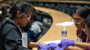 Students participate in an anatomy lesson designed to educate how vision works.
