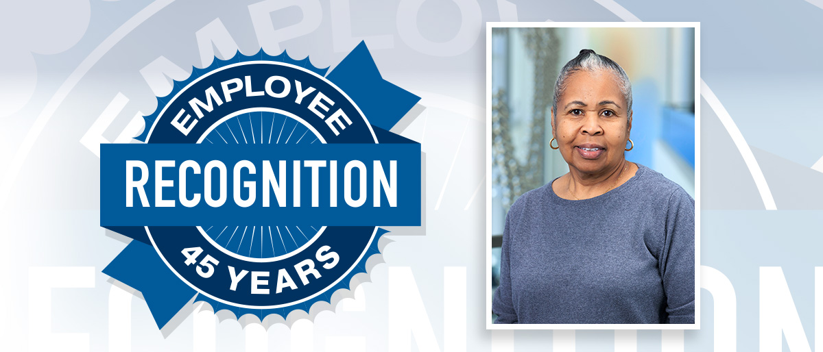 Portrait of Betty Laury and Employee Recognition 45 Years logo