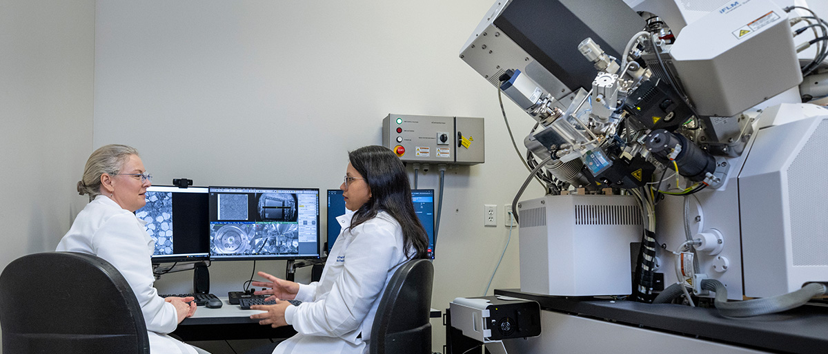 Two scientists confer in a laboratory, near a large hydra microscope.