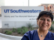 Irma Revilla, Allergy and Immunology, Monty and Tex Moncrief Medical Center at Fort Worth: “The sign of UT&nbsp;Southwestern is one of my favorite places, because I am so proud to be part of the UTSW family. I take great pride when I say I work here. I try to get all my uniforms embroidered with the UTSW logo because I wear it proudly!”