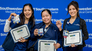 Three 12 Blue RNs show off their multiple Gold pin accomplishments: (from left) Manisha Pradhan, Laarni Montero, and Nasreen Ali.
