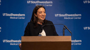 Melanie S. Sulistio, M.D., FACC, FAHA, Professor of Internal Medicine in the Division of Cardiology, thanks her team and loved ones as well as her patients and their families upon accepting The President’s Award for Humanism in Clinical Care. “I truly believe that medicine is the perfect marriage between science, which is incredible here at UT&nbsp;Southwestern, and humanity,” Dr. Sulistio said. “I believe that we are better together. We are better taking care of one another. We’re more similar than we are different. And if we just stand by one another and give each other kindness and compassion and love – truly, we can do great things.”