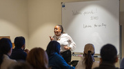 Lakisha Parish-Frey, M.Ed., Workplace P-TECH Coordinator with South Irving Collegiate Academy at Nimitz, leads a parent session on college applications and scholarship opportunities.