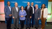 UT Southwestern leaders and panelists gather for a group photo. From left: Marc A. Nivet, Ed.D., M.B.A., Executive Vice President for Business Affairs at UTSW, Mr. Carrillo, Dr. Velez, Dr. Girod, Mr. Solis, Mr. Esquivel, and Dr. Nesbitt.