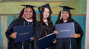 From left: Kahmryn Williams, M.P.H., Carol Xu, M.P.H., and Prisha Goyal, M.P.H., celebrate graduation with a group photo.