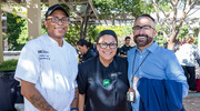 From left: Gregory Martin&nbsp;Jr., Executive Chef with ARG Catering; Maribel Hernandez, a cook in the Simmons Cancer Center Café; and Steven Laham, Catering GM with ARG Catering, ensure plenty of food and drinks are on hand for reception attendees.