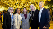 Members of the Leaders in Clinical Excellence Awards Program committee pose on the plaza during the reception. From left: Heather Svokos, Evan Thomas, Jenny Doren, and selection committee co-Chairs Maeve Sheehan, M.D., and John Mansour, M.D.