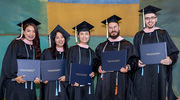 From left: Asmita Ghimire, M.P.H., Baihui &ldquo;Eva&rdquo; Zhao, M.P.H., Yueshuang Xu, M.P.H, Victor Basil, M.P.H., and Yusif Conn, M.P.H., form a picture-perfect line as new graduates.