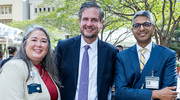 From left: Marcia Schneider,&nbsp;M.B.A., Vice President for Health System Strategy and Business Development and Chief Strategy Officer; Cameron Slocum,&nbsp;M.B.A., Vice President and Chief Operating Officer for Academic Affairs and the UT&nbsp;Southwestern Medical Group; and Samir Parikh,&nbsp;M.D., Chair and Professor of Internal Medicine and Professor of Pharmacology, smile for a reception photo.