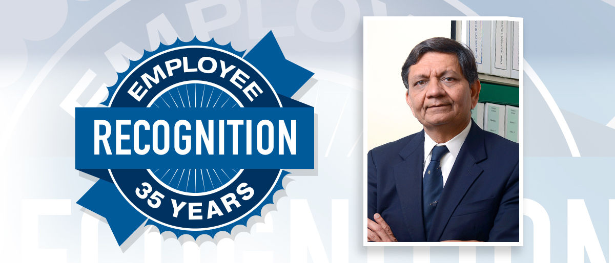 Portrait of Madhukar Trivedi and Employee Recognition 35 Years logo