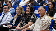 Four Pinnacle Awards recipients take in the special moment, listening to presentations of other winners. From left: Hugo Lopez, an Automation Integration Specialist in Central Data Acquisition System and Controls; Chelsea Landon,&nbsp;M.H.A., Director of Health System Emerging Strategies; Priscilla Olivares, a Clinic Staff Assistant III for Ambulatory Clinic – Bariatrics, Texas Health Dallas; and Jose &ldquo;Joe&rdquo; Flores, an Automotive Mechanic in Fleet Maintenance Operations.