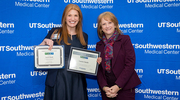 Platinum pin honoree and inaugural Spirit of UT Southwestern Pinnacle Award winner Lauren Smith (left) pictured with Holly Crawford, M.B.A., Executive Vice President for Business Affairs