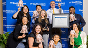 Pinnacle Award for Excellence recipient Thuong “Trizzy” Bui, Technical Supervisor in Nuclear Medicine and Molecular Imaging, came face-to-face (literally) with herself thanks to her biggest supporters’ spirited cutouts. Ms. Bui was one of six employees honored in June at the inaugural UT Southwestern Pinnacle Awards, which recognized those who embody the institution’s core values of excellence, innovation, teamwork, and compassion.