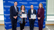 Gold pin recipients Cathy Payne and Michael Quezada, M.B.A. (center, holding certificates) from the Human Resources Employee Relations team, pictured with Jeremy Falke, M.B.A., Vice President and Chief Human Resources Officer, and Ms. Crawford