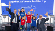 The leaders of Children’s Health and UTSW join with pediatric patients to celebrate “reaching the top” of the new Moody Children’s Hospital at the event.