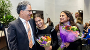 Dr. Wakhlu laughs and celebrates his award with his daughters, Shereen Wakhlu (center) and Nausheen Wakhlu, M.D. His wife, Renuka Chowdhury, M.D., was also in attendance.