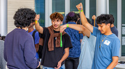 From left: Mr. Gurbuz, Mr. Hashimi, and Mr. Badillo measure how slime, made with borax and glue, stretches. The students learned the basics of how to carry out mechanical testing to explore hypotheses on how different structural components contribute to functional differences.