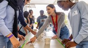 Ms. Odebode measures slime before and after it is stretched. During the exercise, students did basic biomechanical testing on slime as an approximation for what happens with soft tissue.
