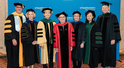 UT Southwestern leaders present for the special event include, from left, Jon Williamson, Ph.D., Dean of the School of Health Professions; Alyssa H. Hasty, Ph.D., Vice Provost and Senior Associate Dean for Faculty Affairs and Career Development; W. P. Andrew Lee, Executive Vice President for Academic Affairs, Provost, and Dean of UT Southwestern Medical School; UTSW President Daniel K. Podolsky, M.D.; Joan W. Conaway, Ph.D., Vice Provost and Dean of Basic Research; Sherry C. Huang, M.D., Vice Provost and Senior Associate Dean for Education; and Jonathan Efron, M.D., Executive Vice President for Health System Affairs.