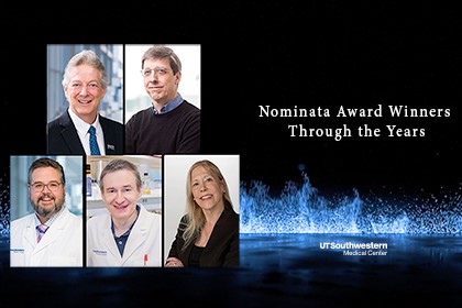 grid of 5 headshots of Nominata winners, 4 men 1 woman