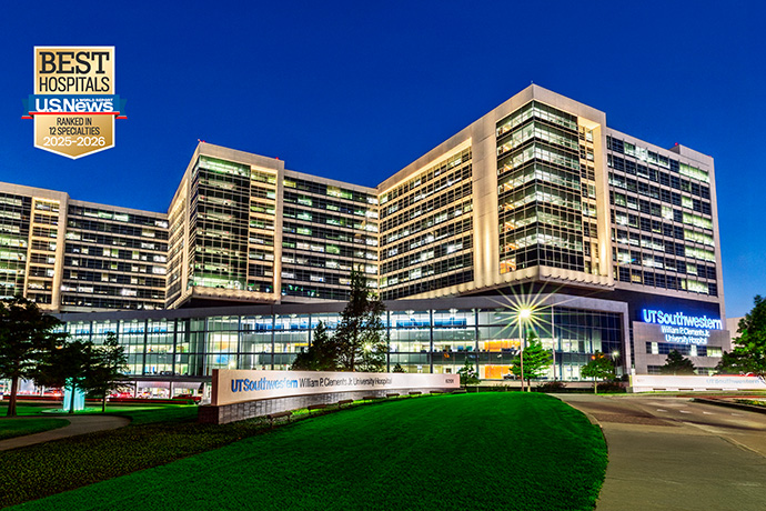 Night view of UT Southwestern William P. Clements Jr. University Hospital