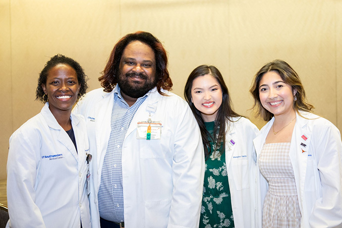 group of 4 med students display their honor society awards: From left: Perpetuah Sherman, Jacob &ldquo;Jake&rdquo; Qurashi, Meaghan Lee, and Ailyn Clara 