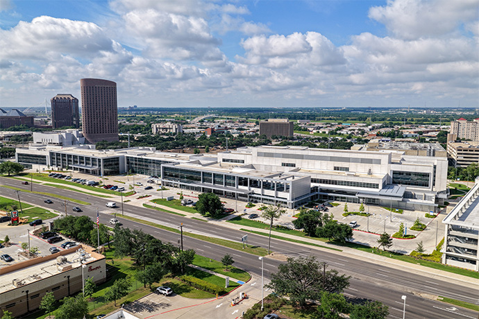 Aerial view of a large building complex.