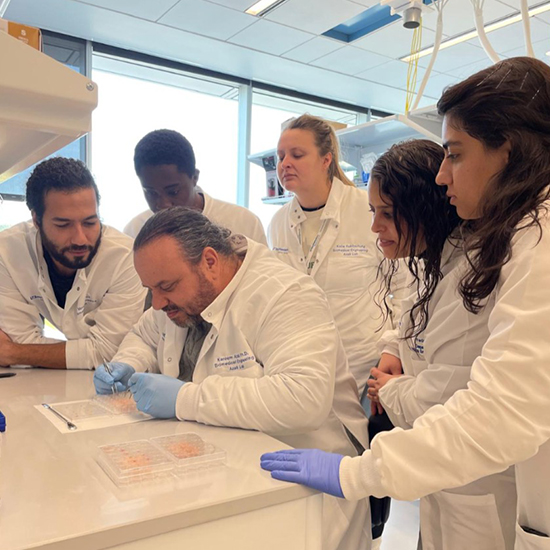 Six people in lab coats, one seated working with tweezers.