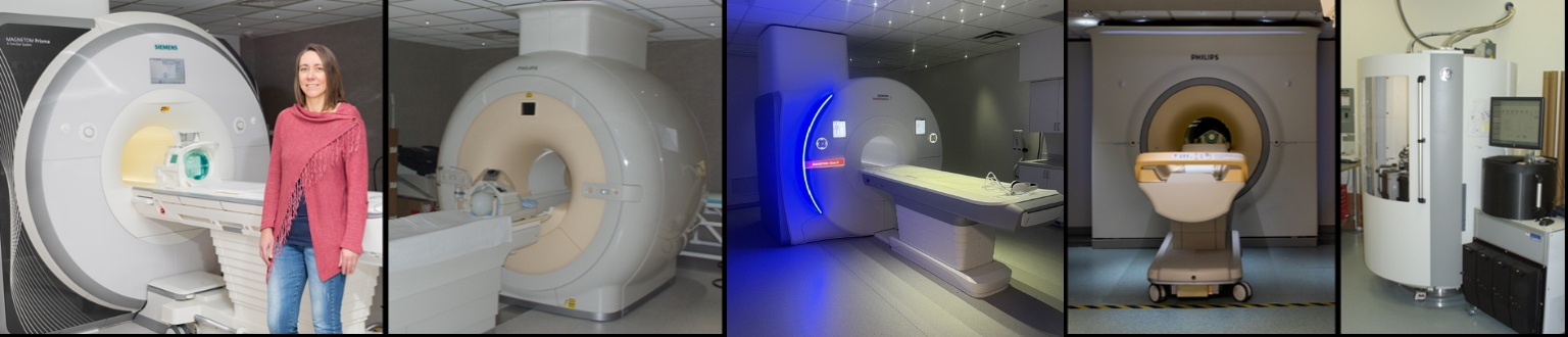 collage of 5 images showing woman in pink shirt and jeans standing next to large research scanning equipment