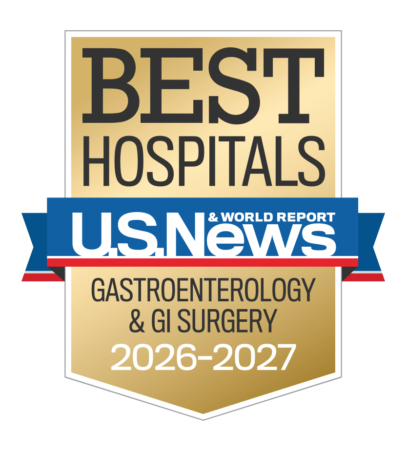 Gold shield that says Best Hospitals Gastroenterology & GI Surgery