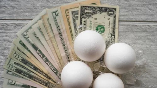 pack of eggs on top of various dollar bills