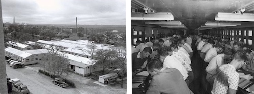 Black and white photos of campus in the 1940s, as described in the caption