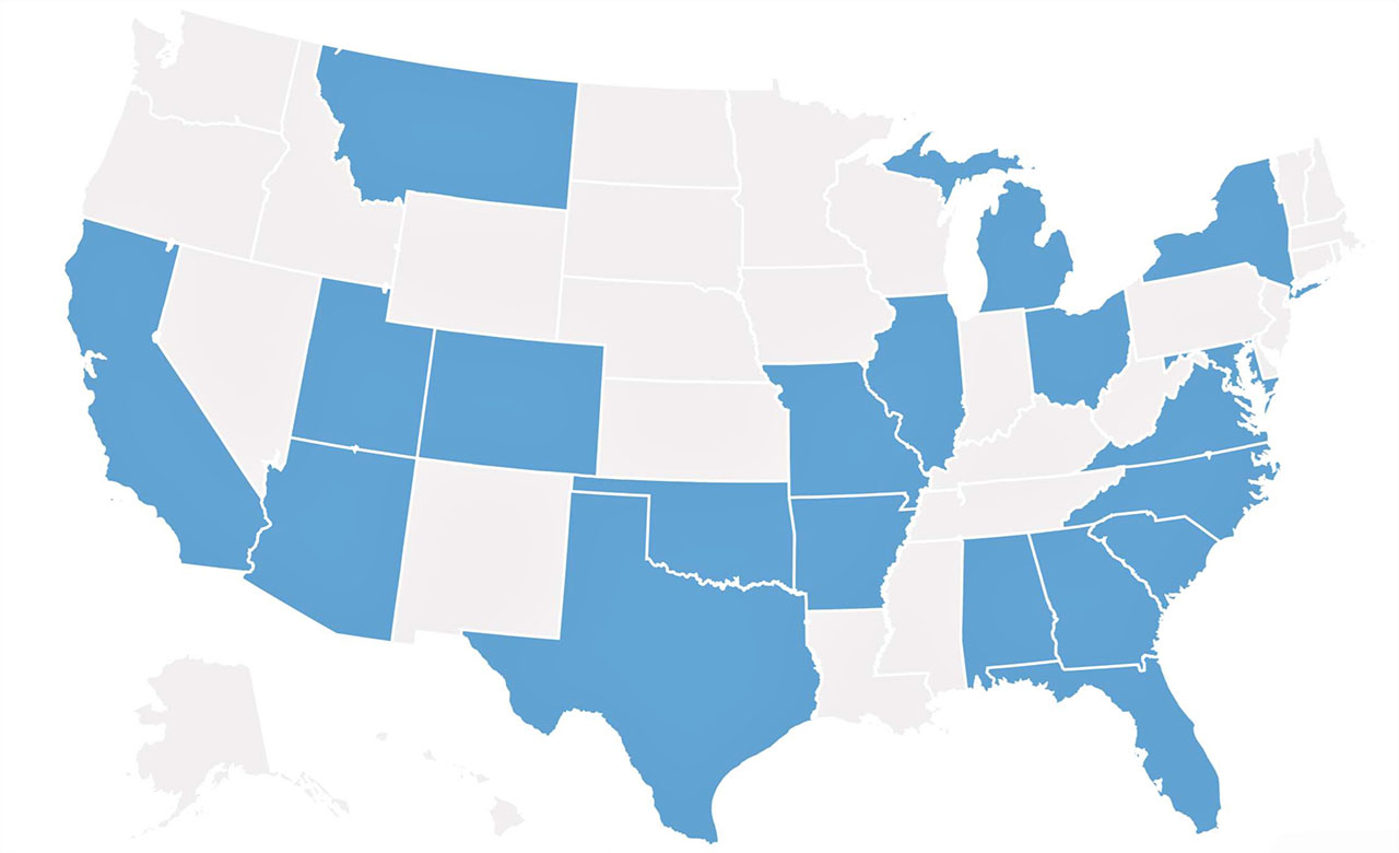map of the United States with states highlighted where our alumni now work