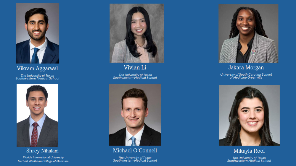 blue background with 6 headshots of Orthopaedic Surgery residents at UT Southwestern Match Day 2025: Vikram Aggarwal, Vivian Li, Jakara Morgan, Sjreu Nihalani, Michael O'Connell, Mikayla Roof