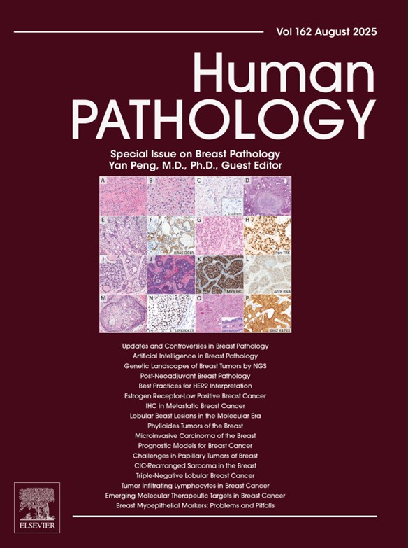 Cover of Human Pathology Special Issue on Breast Pathology, Yan Peng, M.D., Ph.D. guest editor Vol 162 August 2025