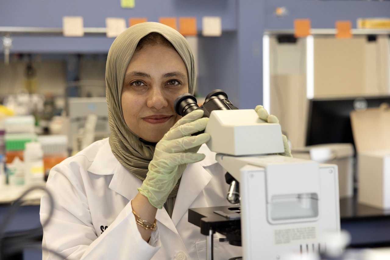 Dr. Eloseily with a microscope