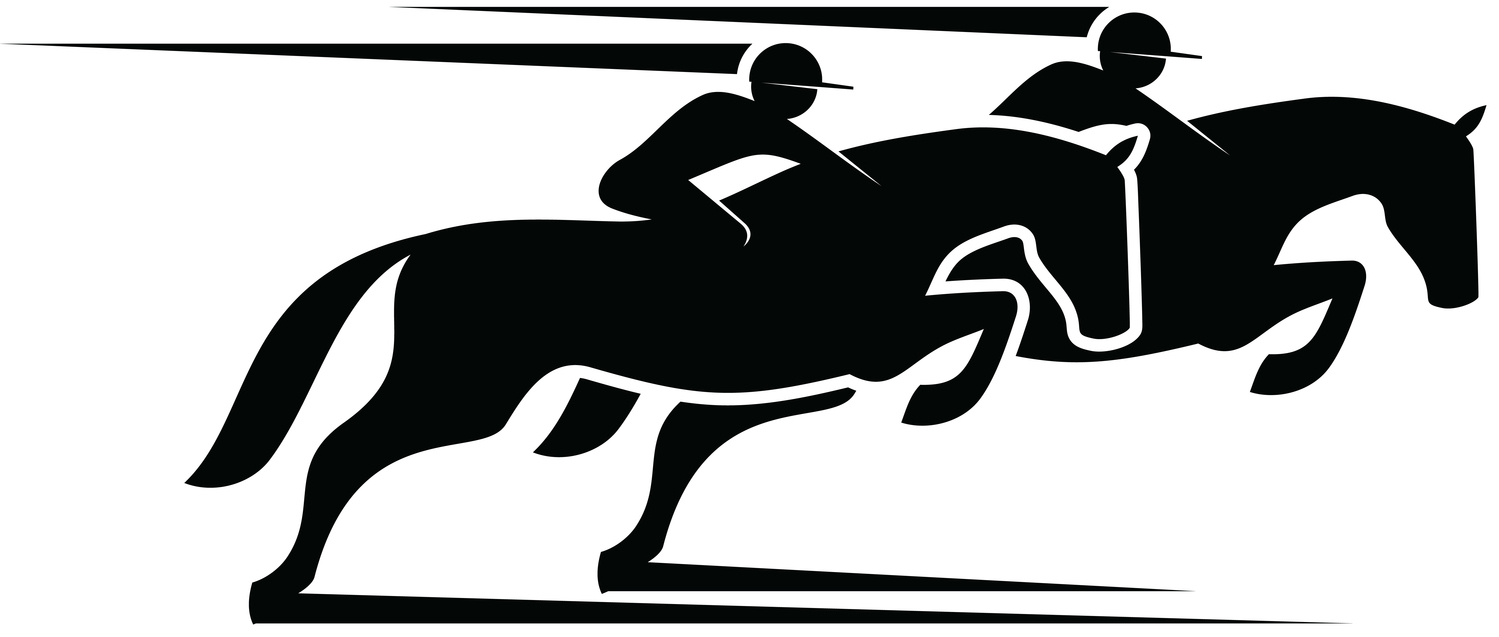 Black graphic of two people wearing caps and riding horses.