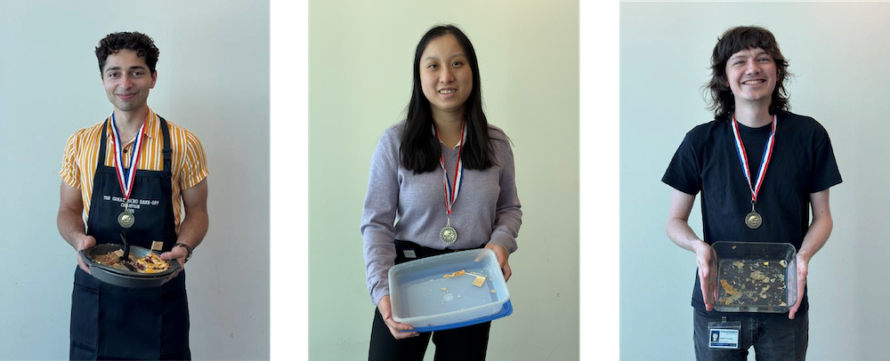 images of the winners of the Microbiology department's SECC bake off fundraiser, left to right, First place: Anthony De Maria, Guava Pie, Second Place: Keyi Yin, Macaroons, Third place: Aidan Drozdick, Baklava